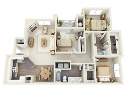 Morisot 3 Bedroom 2 Bathroom 3D Floor Plan